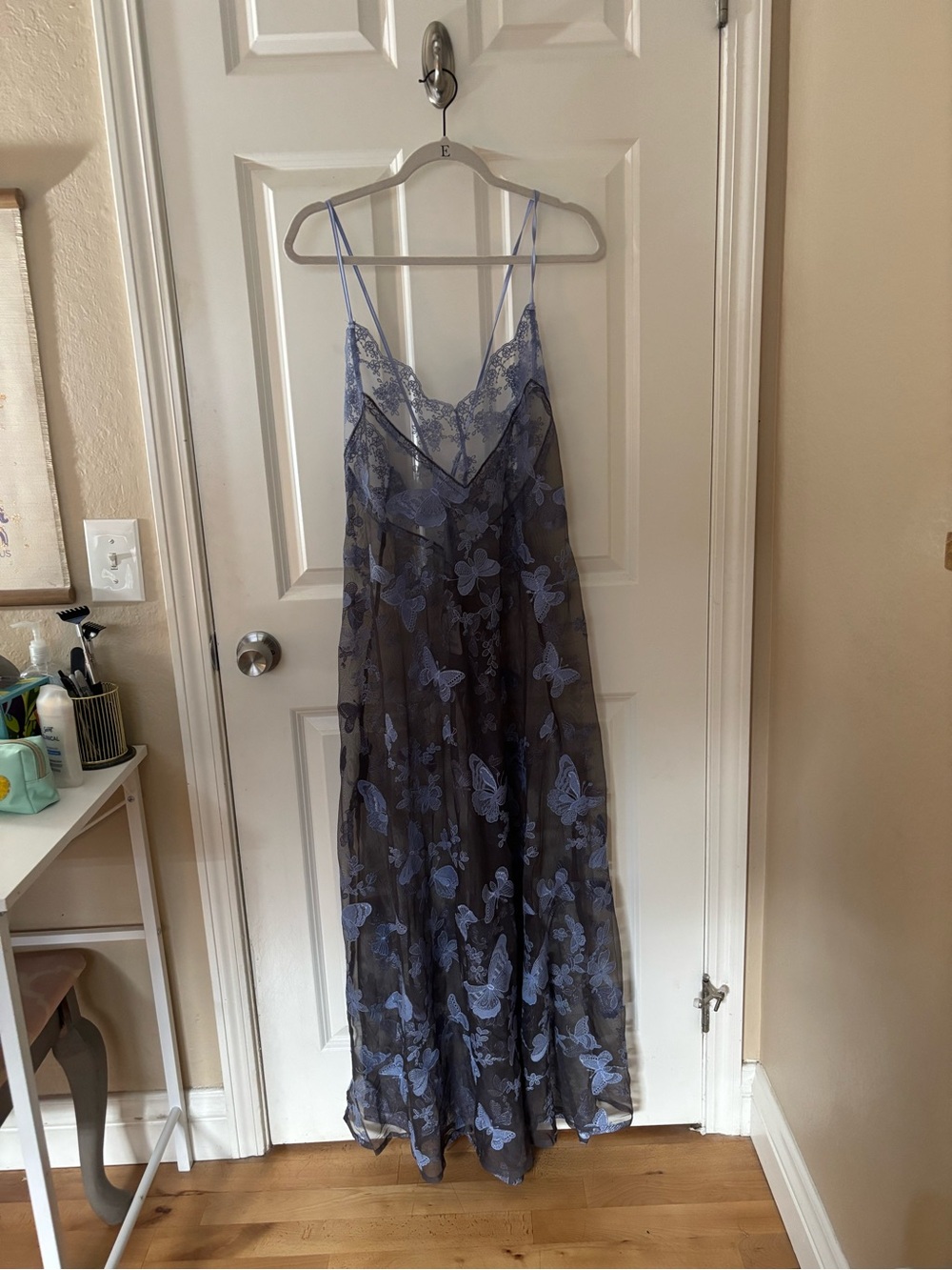 NWT Free People XL Sheer Butterfly-Embroidered Slip Dress in Light Blue